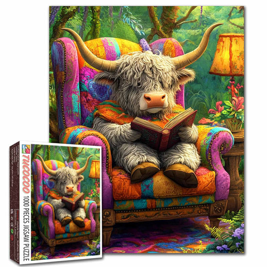 Highland Cow Reading in Armchair Jigsaw Puzzle