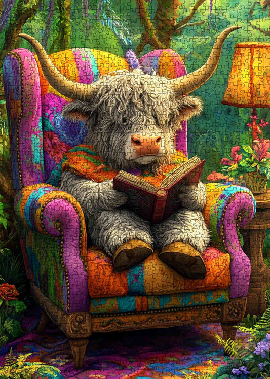Highland Cow Reading in Armchair Jigsaw Puzzle
