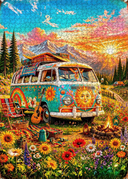 Hippie Camper Mountain Getaway Jigsaw Puzzle
