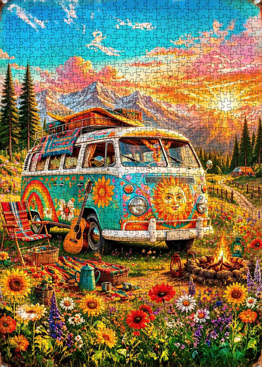 Hippie Camper Mountain Getaway Jigsaw Puzzle