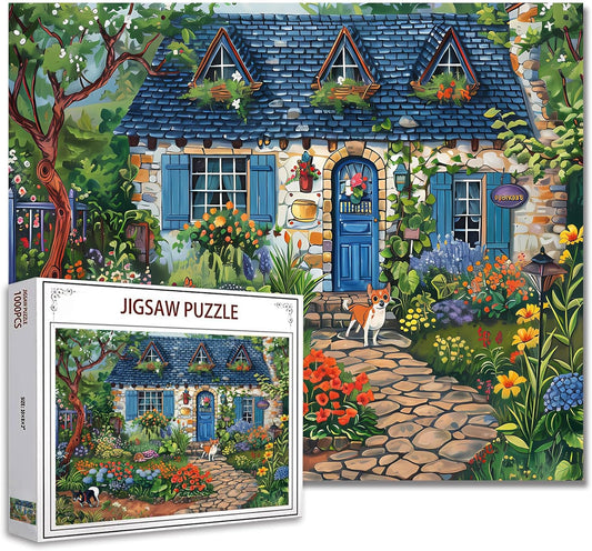 Vintage Blue House And Puppy Jigsaw Puzzles