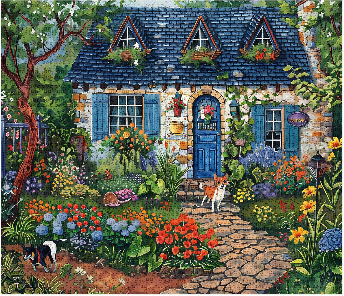 Vintage Blue House And Puppy Jigsaw Puzzles