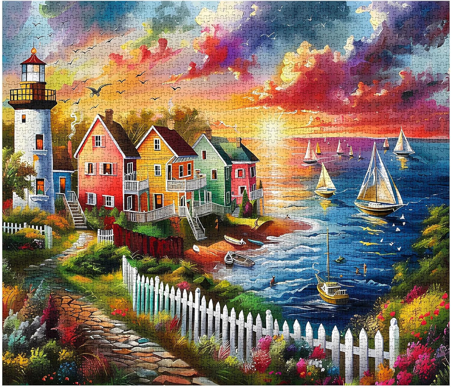 Lighthouse Boats Sunset Jigsaw Puzzles