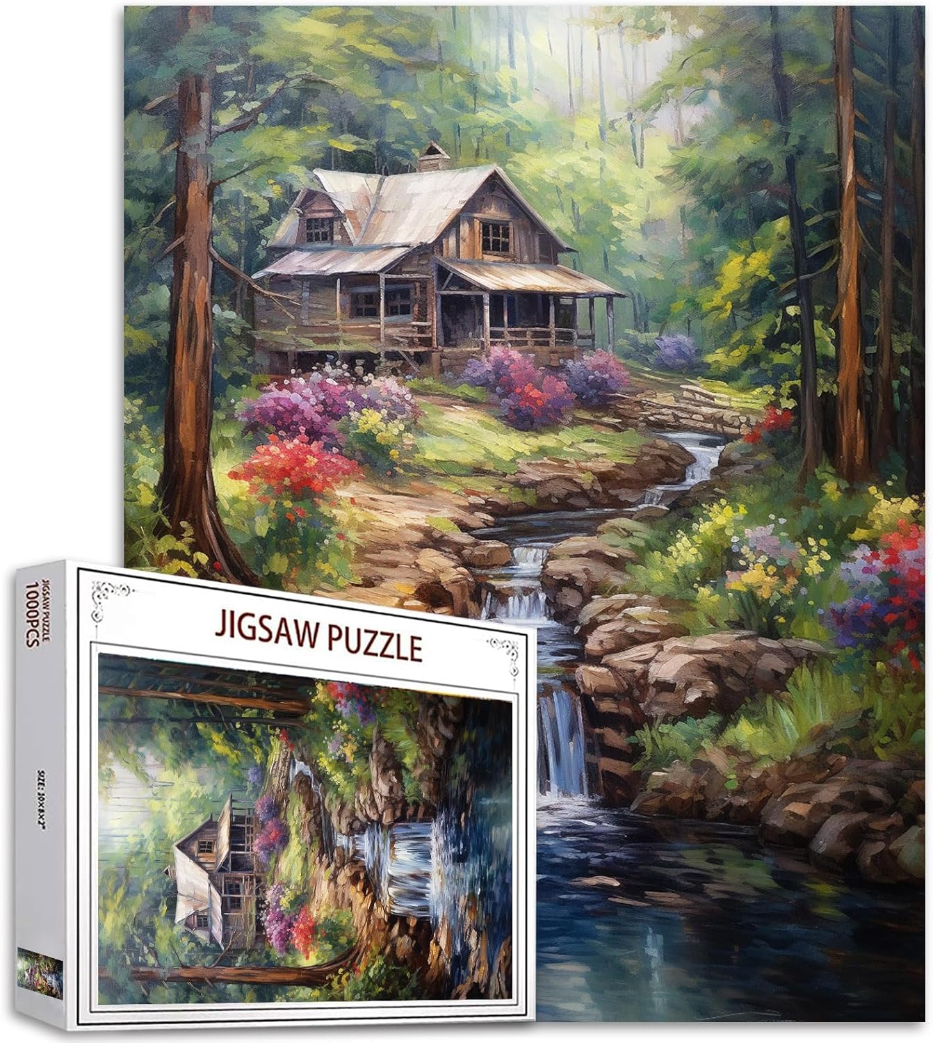 Forest Waterfall Rustic Wood Cabin Jigsaw Puzzles