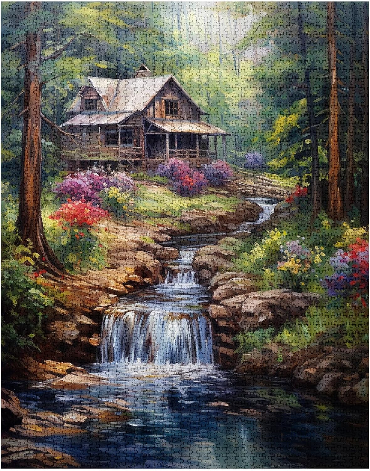 Forest Waterfall Rustic Wood Cabin Jigsaw Puzzles