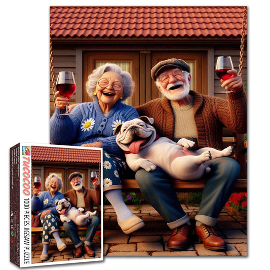 Joyful Elderly Couple With Dog Jigsaw Puzzle