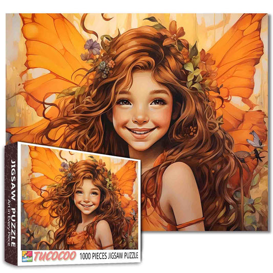 Joyful Fairy with Orange Wings and Floral Crown Jigsaw Puzzle