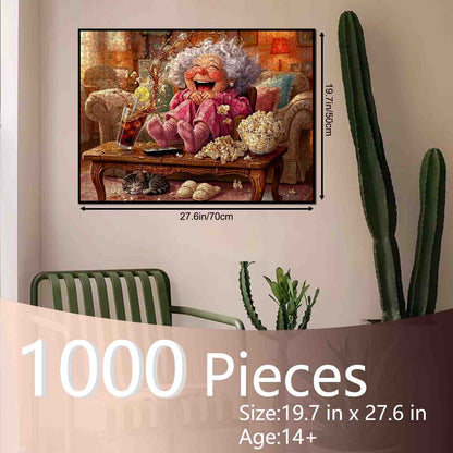 Laughing Grandma Movie Night Jigsaw Puzzle