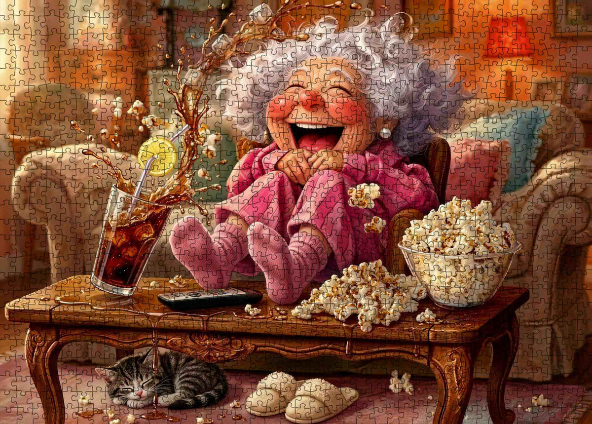 Laughing Grandma Movie Night Jigsaw Puzzle