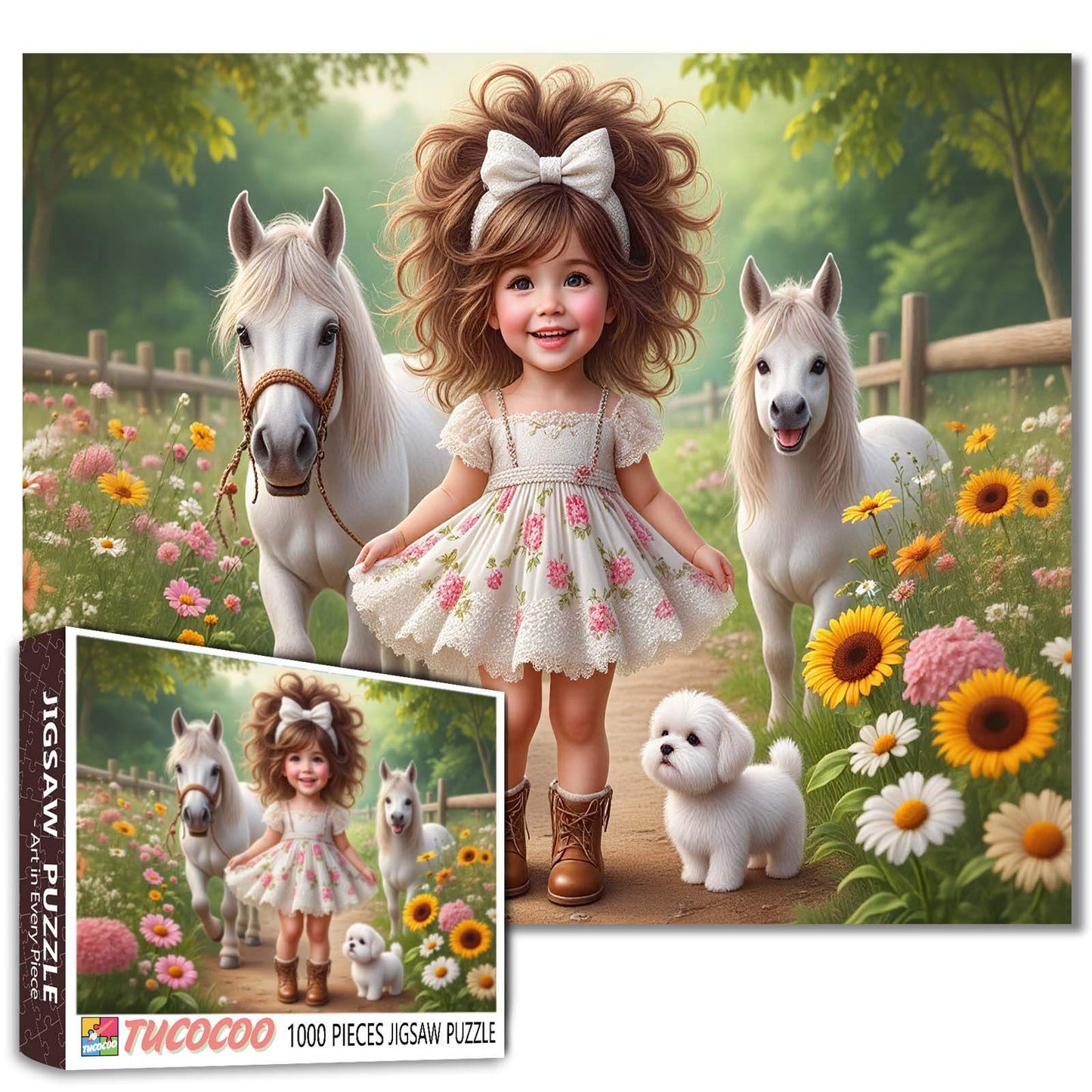 Little Girl Garden Walk with Ponies Jigsaw Puzzle