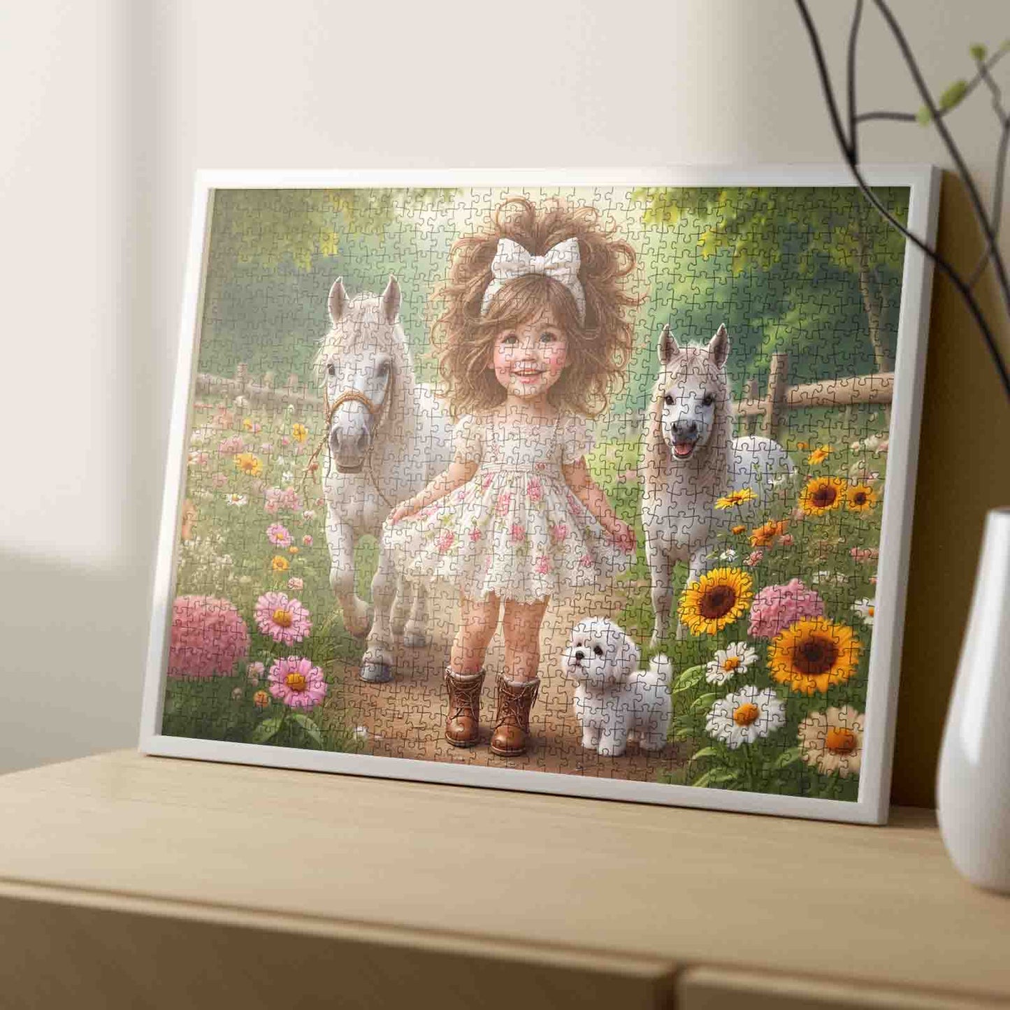 Little Girl Garden Walk with Ponies Jigsaw Puzzle