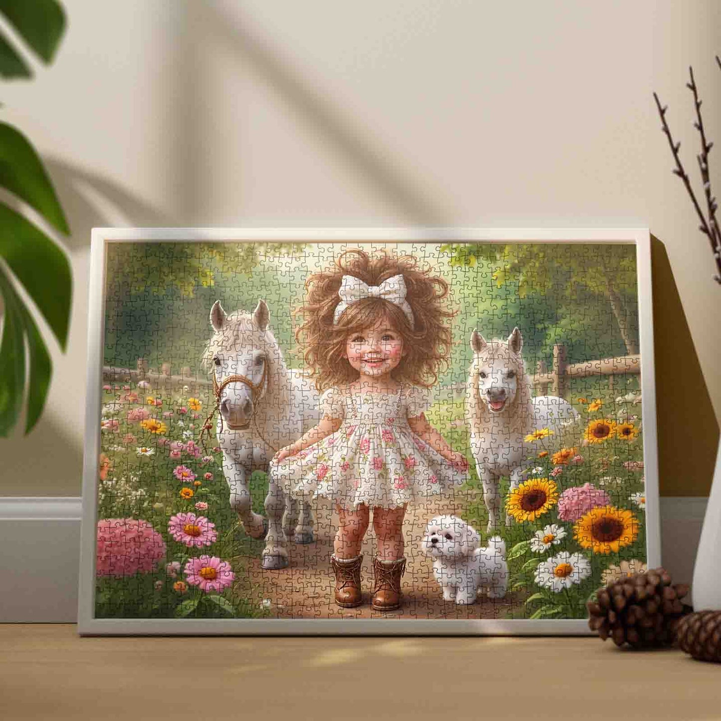 Little Girl Garden Walk with Ponies Jigsaw Puzzle