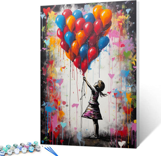 Little Girl with Colorful Balloon Paint by Numbers