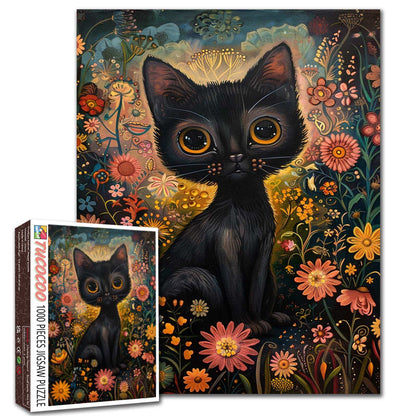Midnight Floral Cat Dream Jigsaw Puzzle
