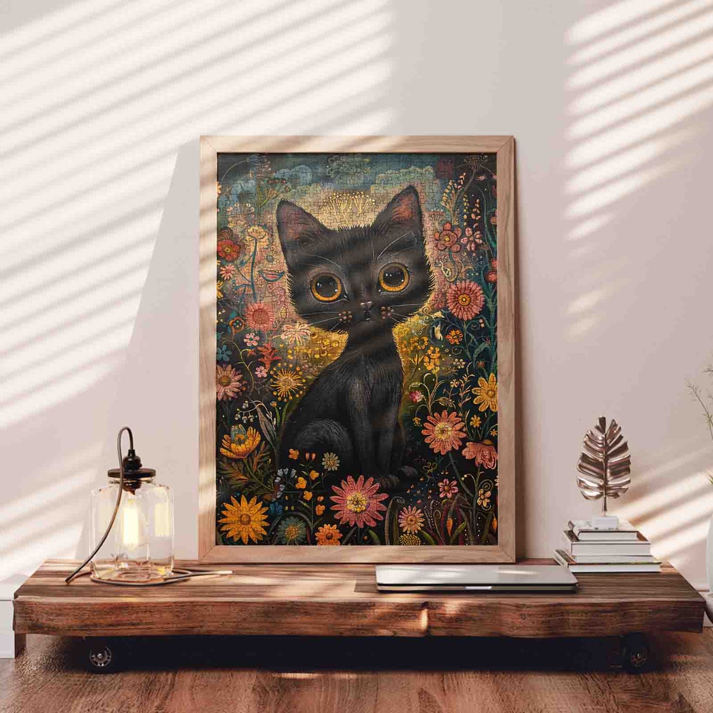 Midnight Floral Cat Dream Jigsaw Puzzle
