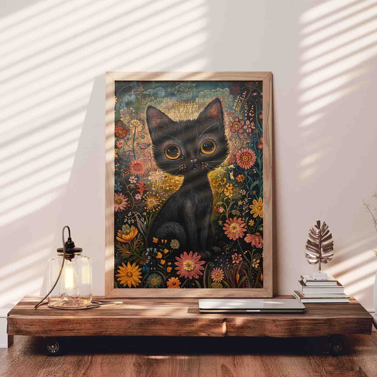 Midnight Floral Cat Dream Jigsaw Puzzle