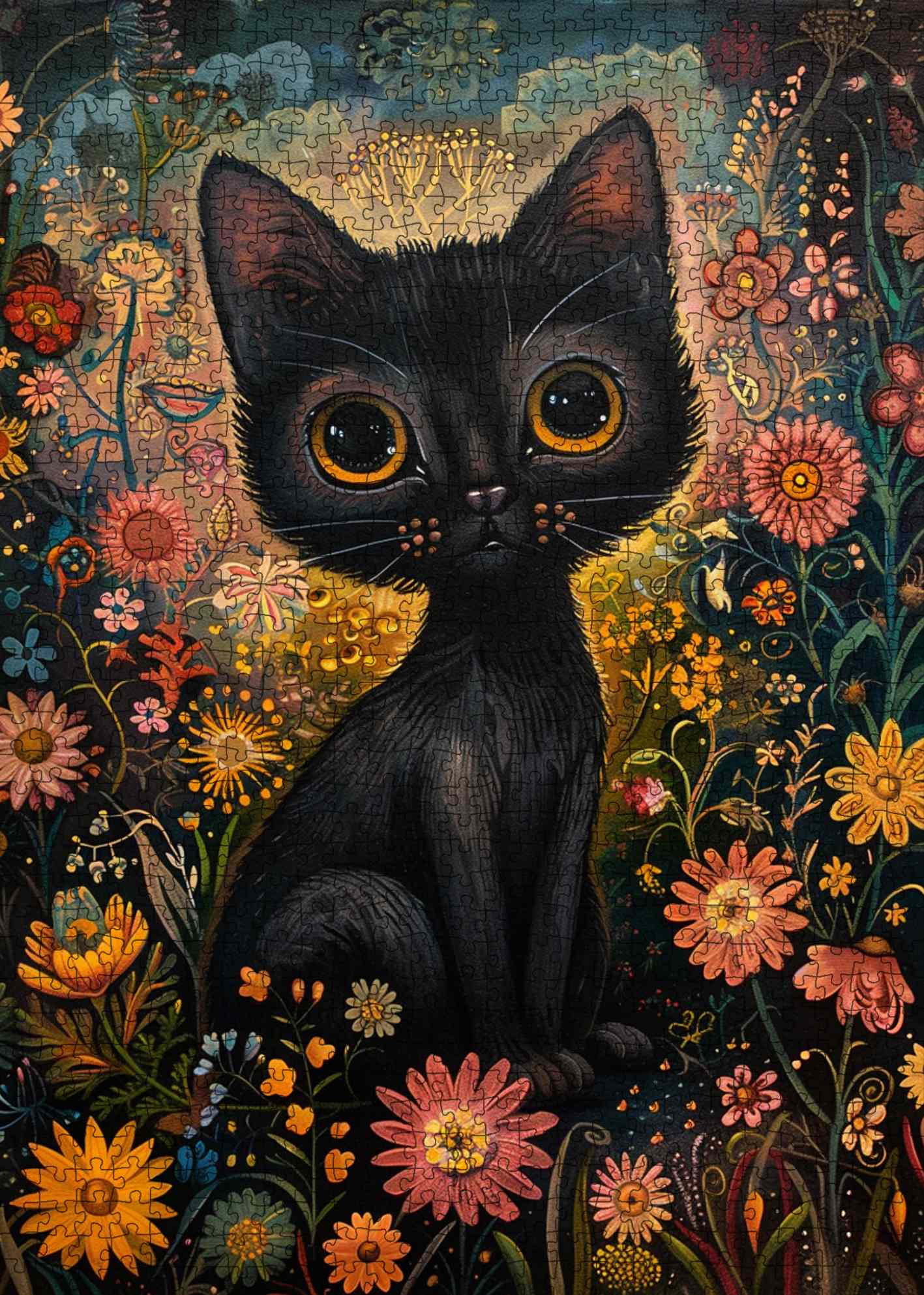 Midnight Floral Cat Dream Jigsaw Puzzle