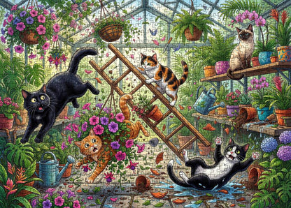 Mischievous Cats Greenhouse Chaos Jigsaw Puzzle