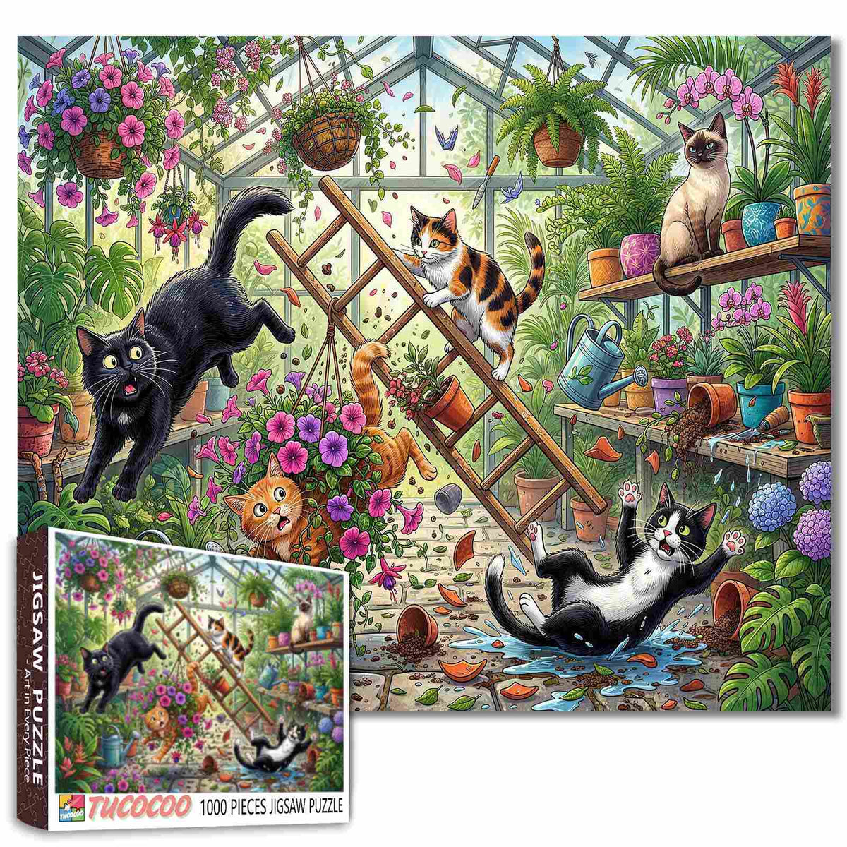 Mischievous Cats Greenhouse Chaos Jigsaw Puzzle