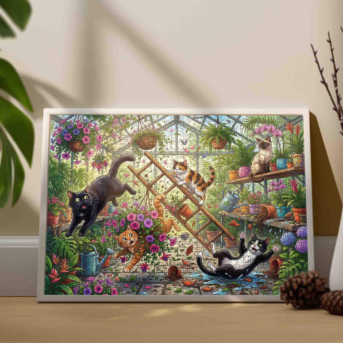 Mischievous Cats Greenhouse Chaos Jigsaw Puzzle