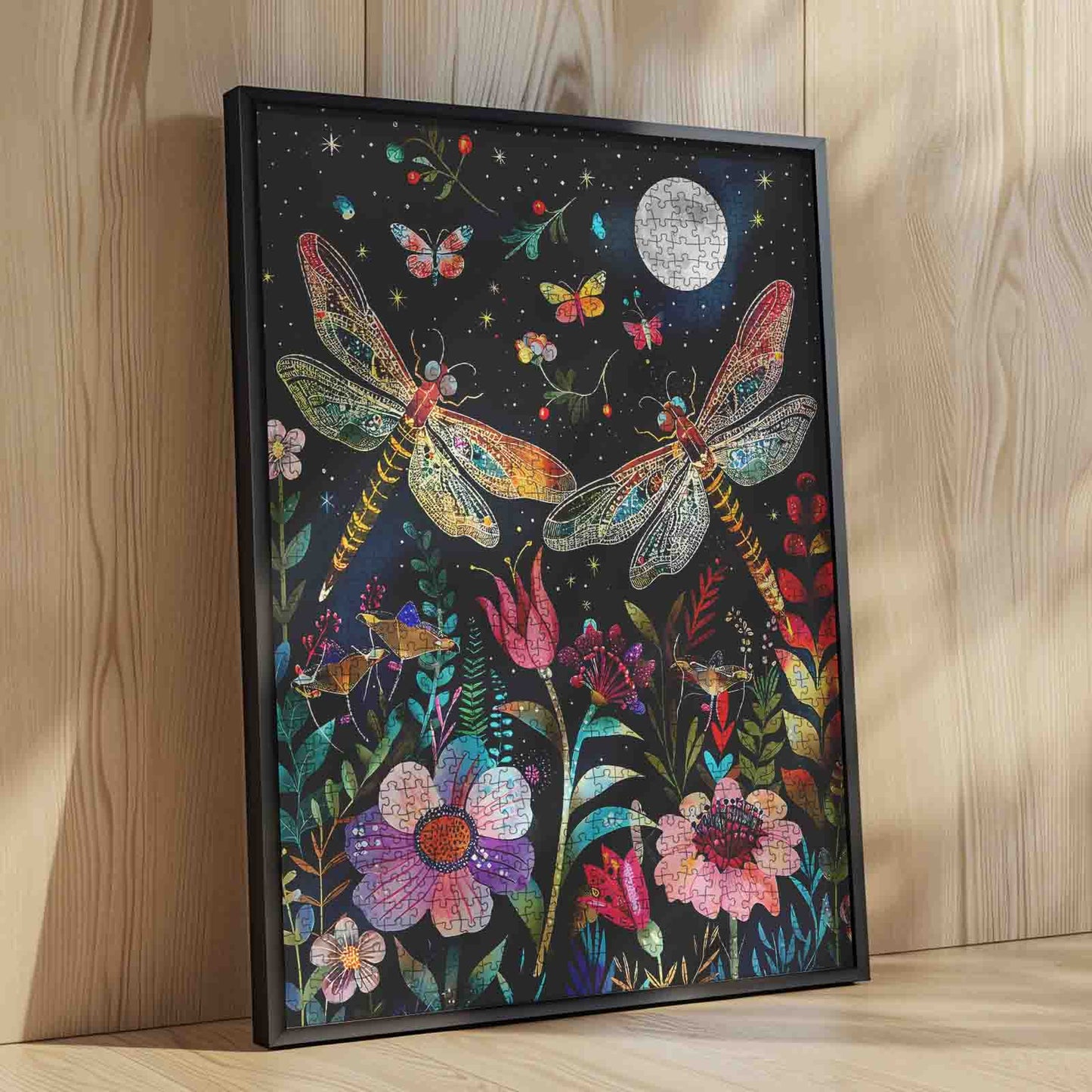 Moonlit Dragonflies Floral Garden Jigsaw Puzzle