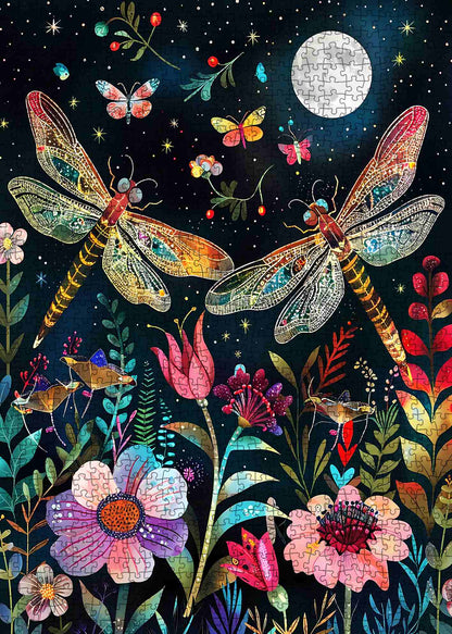 Moonlit Dragonflies Floral Garden Jigsaw Puzzle