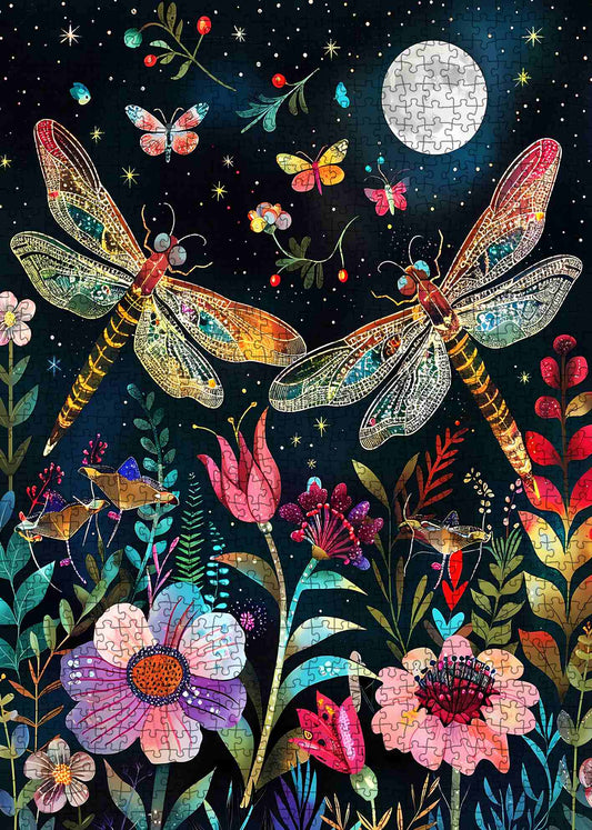 Moonlit Dragonflies Floral Garden Jigsaw Puzzle