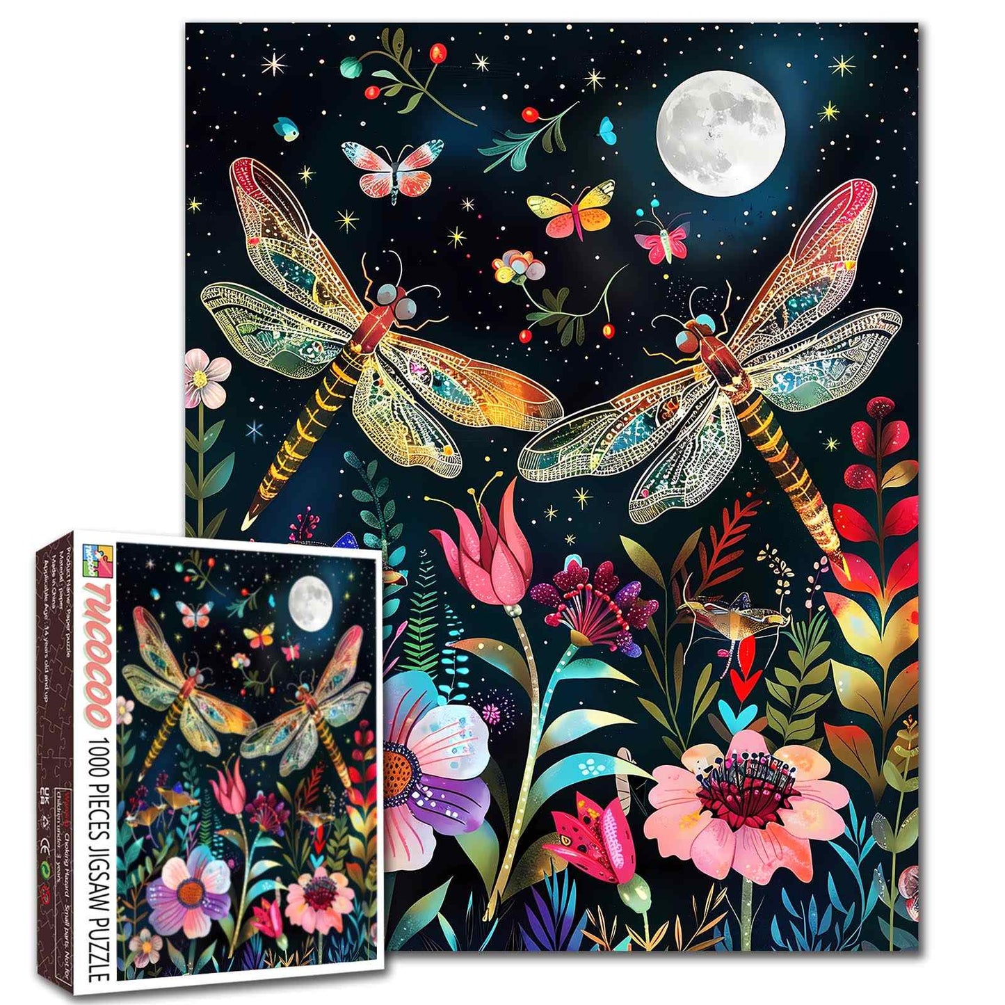 Moonlit Dragonflies Floral Garden Jigsaw Puzzle