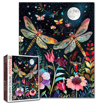 Moonlit Dragonflies Floral Garden Jigsaw Puzzle