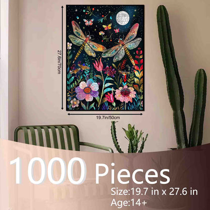 Moonlit Dragonflies Floral Garden Jigsaw Puzzle