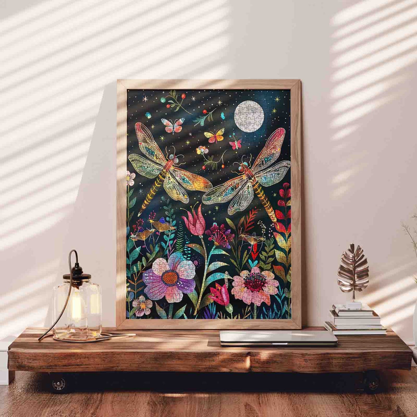 Moonlit Dragonflies Floral Garden Jigsaw Puzzle