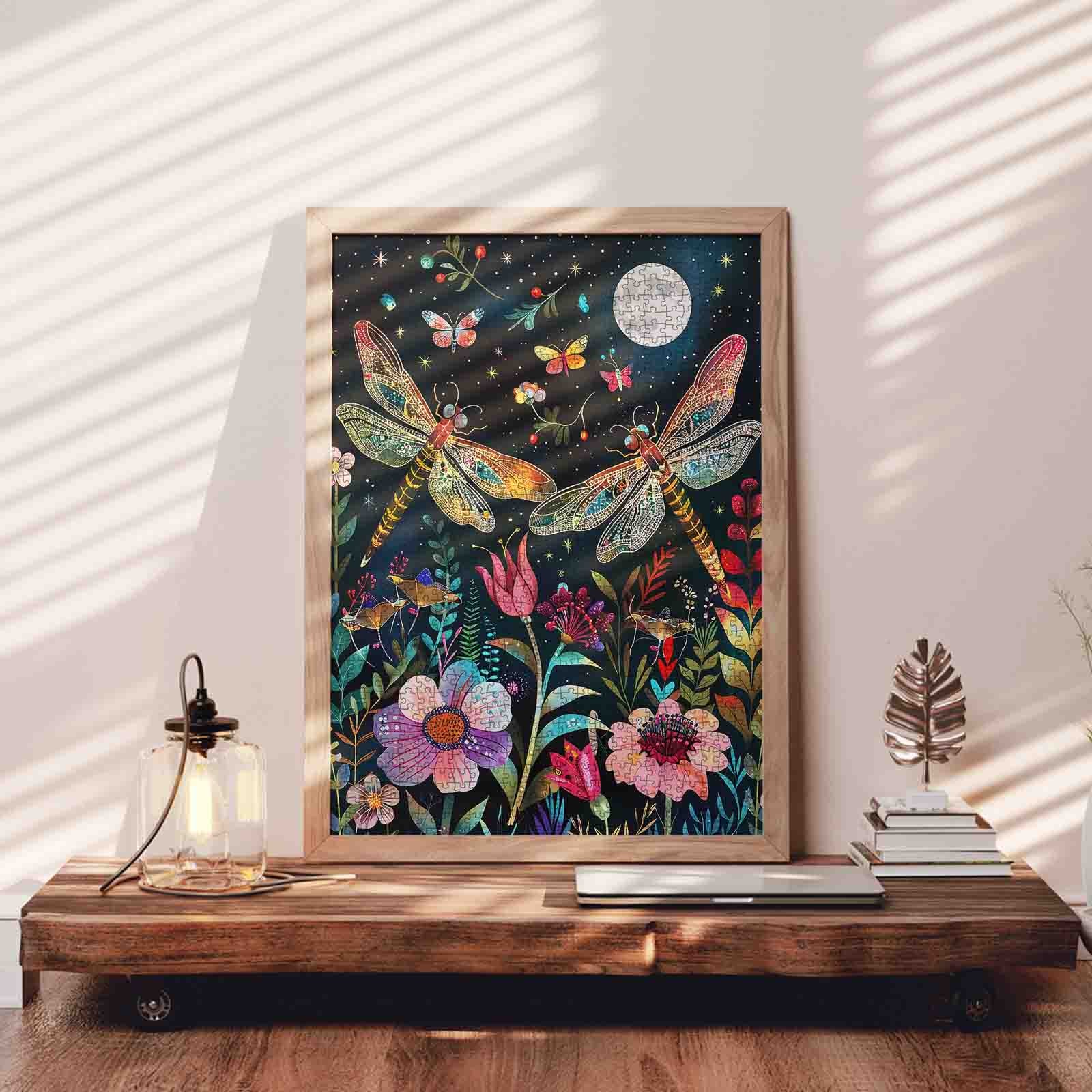 Moonlit Dragonflies Floral Garden Jigsaw Puzzle