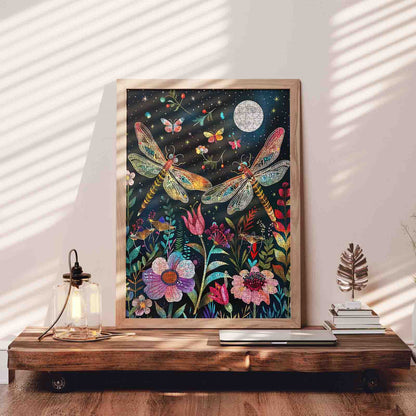 Moonlit Dragonflies Floral Garden Jigsaw Puzzle