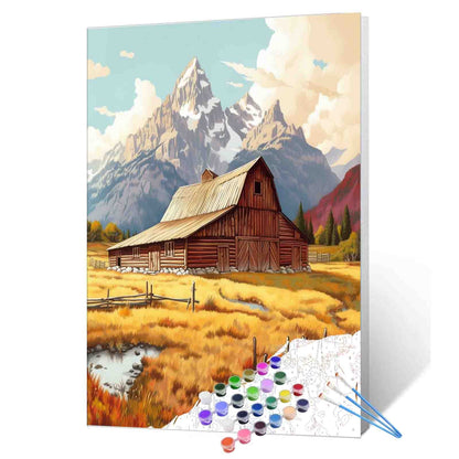 Mountain Barn in Autumn Field paint by numbers