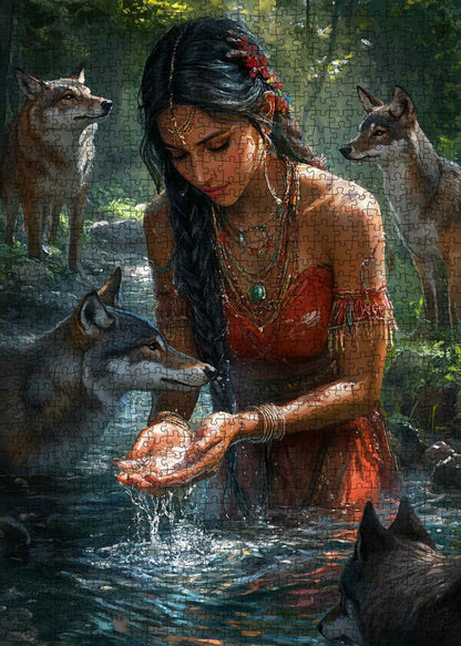Mystic Forest Woman and Wolves Jigsaw Puzzle