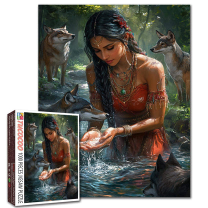 Mystic Forest Woman and Wolves Jigsaw Puzzle