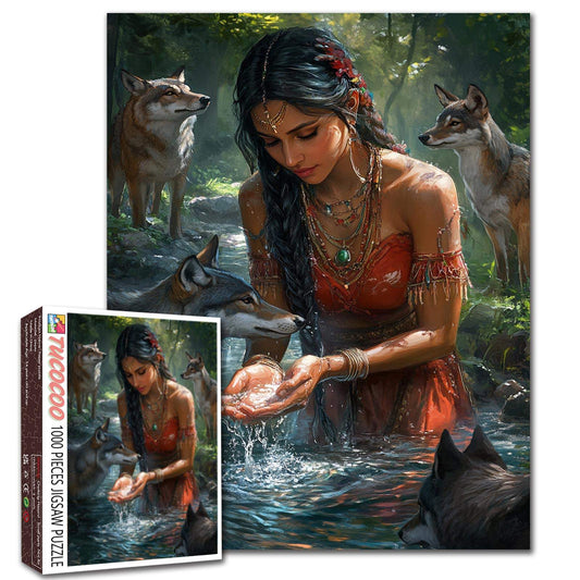 Mystic Forest Woman and Wolves Jigsaw Puzzle