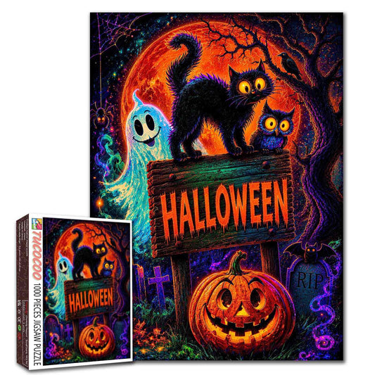 Neon Black Cat Halloween Night Jigsaw Puzzle