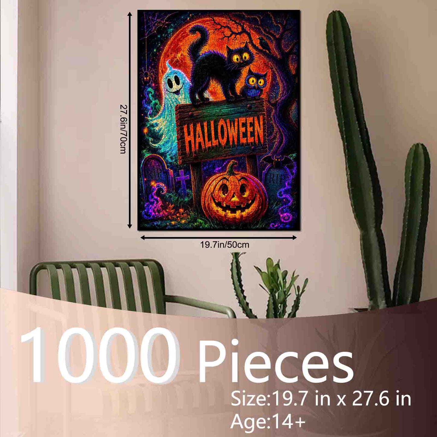 Neon Black Cat Halloween Night Jigsaw Puzzle