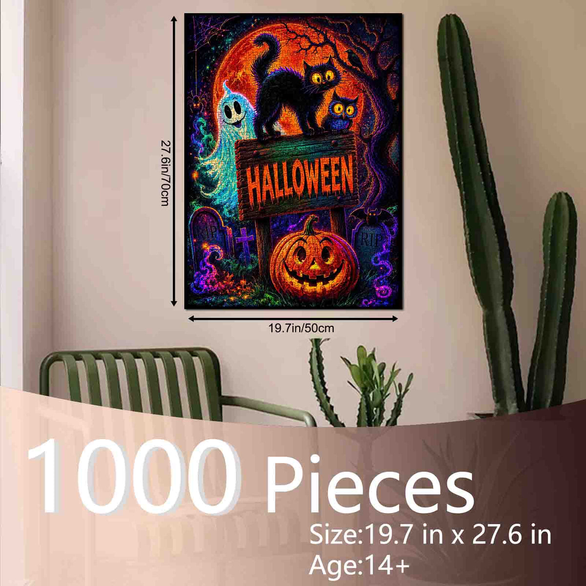 Neon Black Cat Halloween Night Jigsaw Puzzle