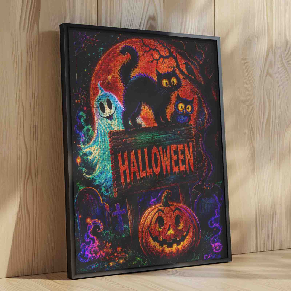 Neon Black Cat Halloween Night Jigsaw Puzzle