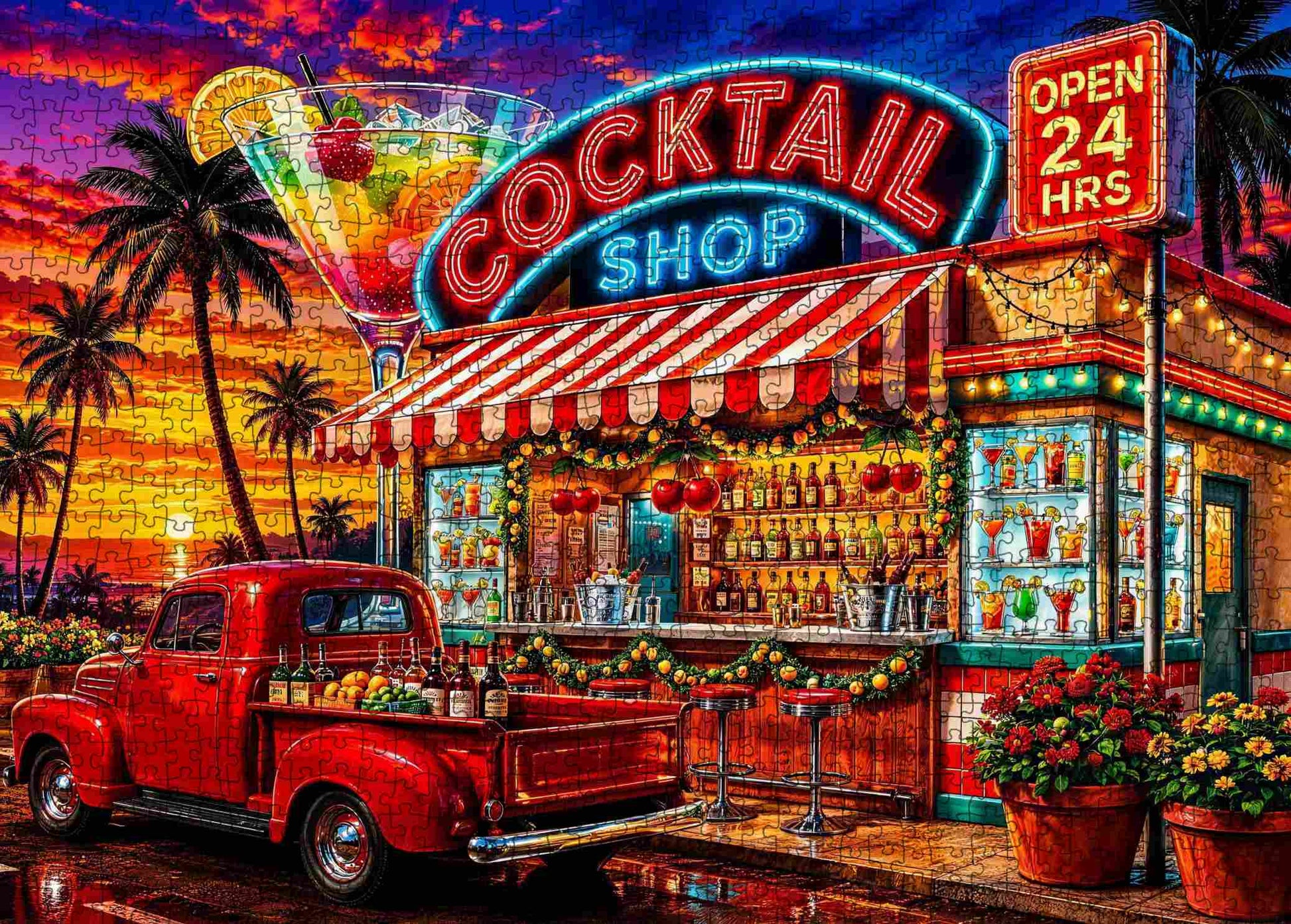 Neon Cocktail Sunset Bar Jigsaw Puzzle