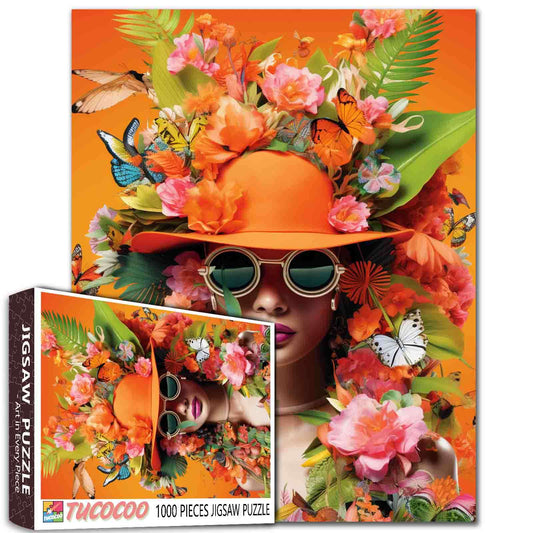 Orange Woman with Flowers and Butterfly Jigsaw Puzzle
