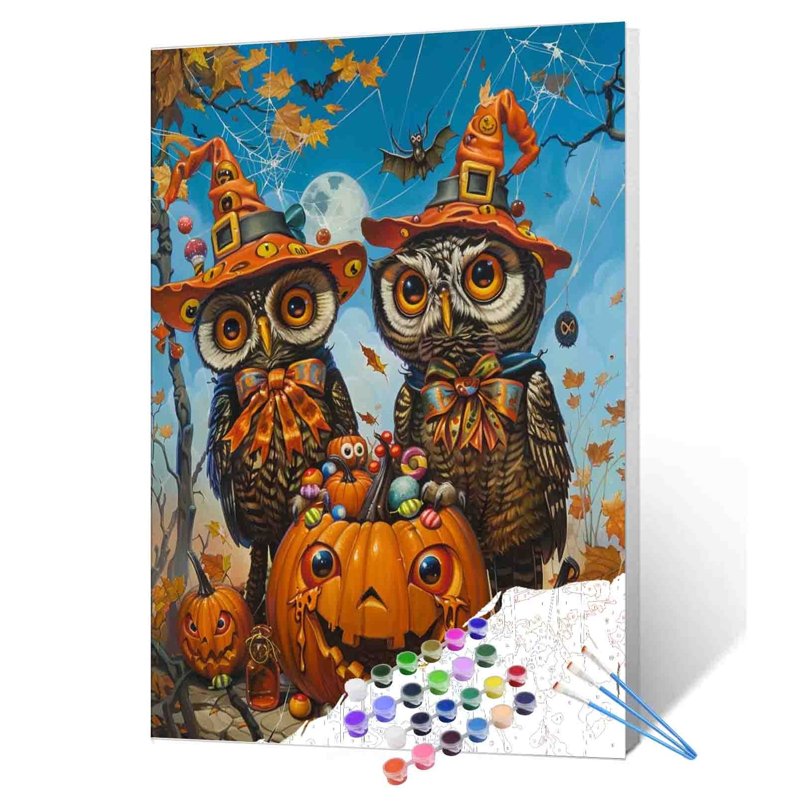トールペイント 作品　ハンドメイド　ハロウィン　オルゴール　Halloween Owls with Halloween Candy Pumpkins Paint by Numbers – Tucocoo