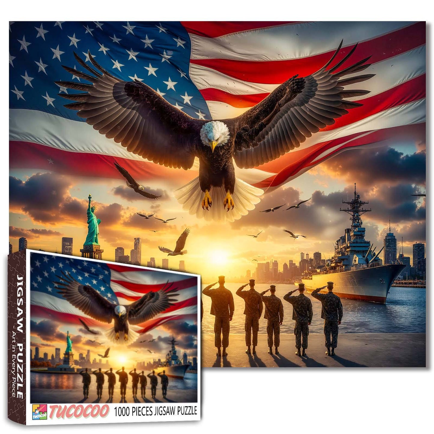 Patriotic Eagle Soldiers Statue Skyline Navy Ship Jigsaw Puzzle