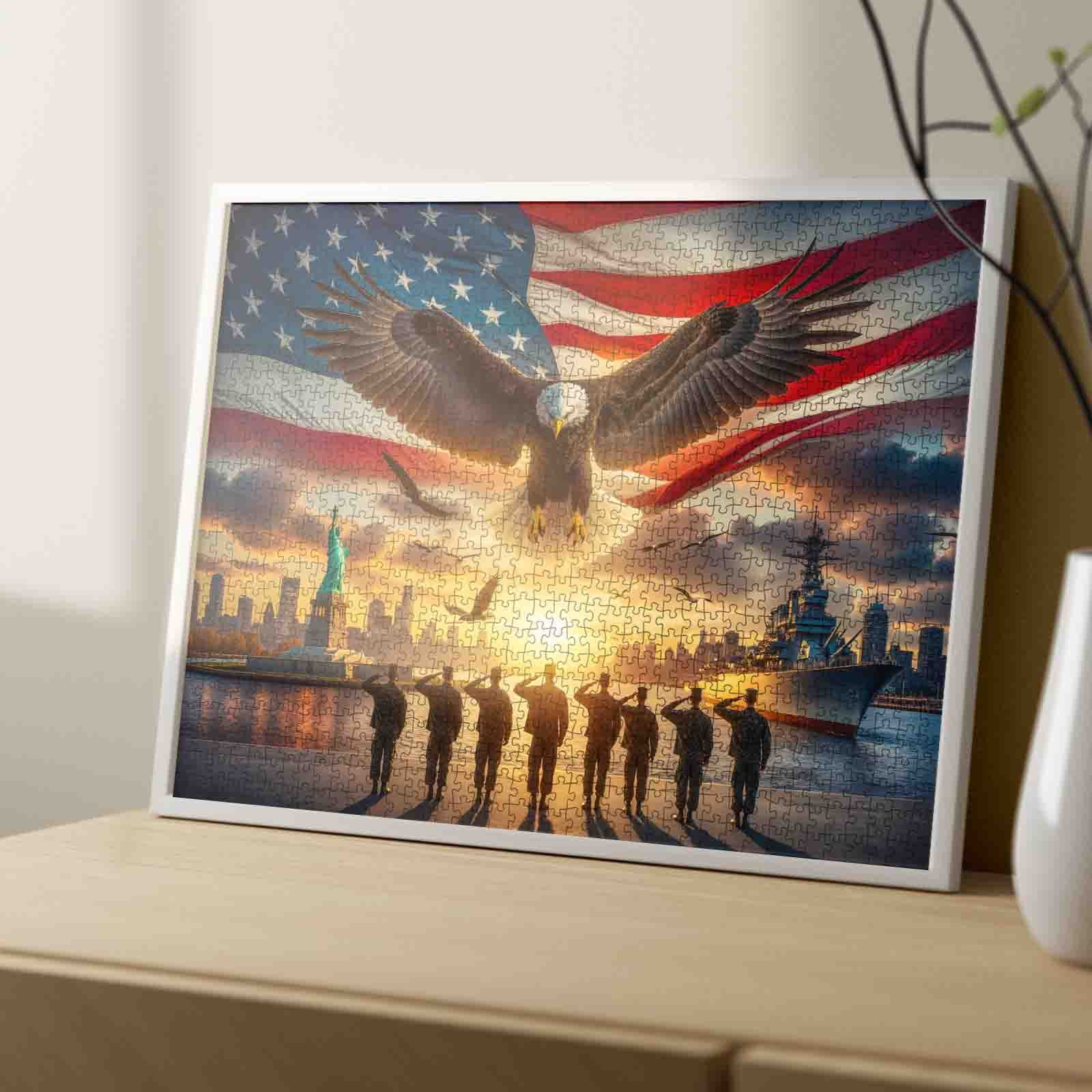 Patriotic Eagle Soldiers Statue Skyline Navy Ship Jigsaw Puzzle