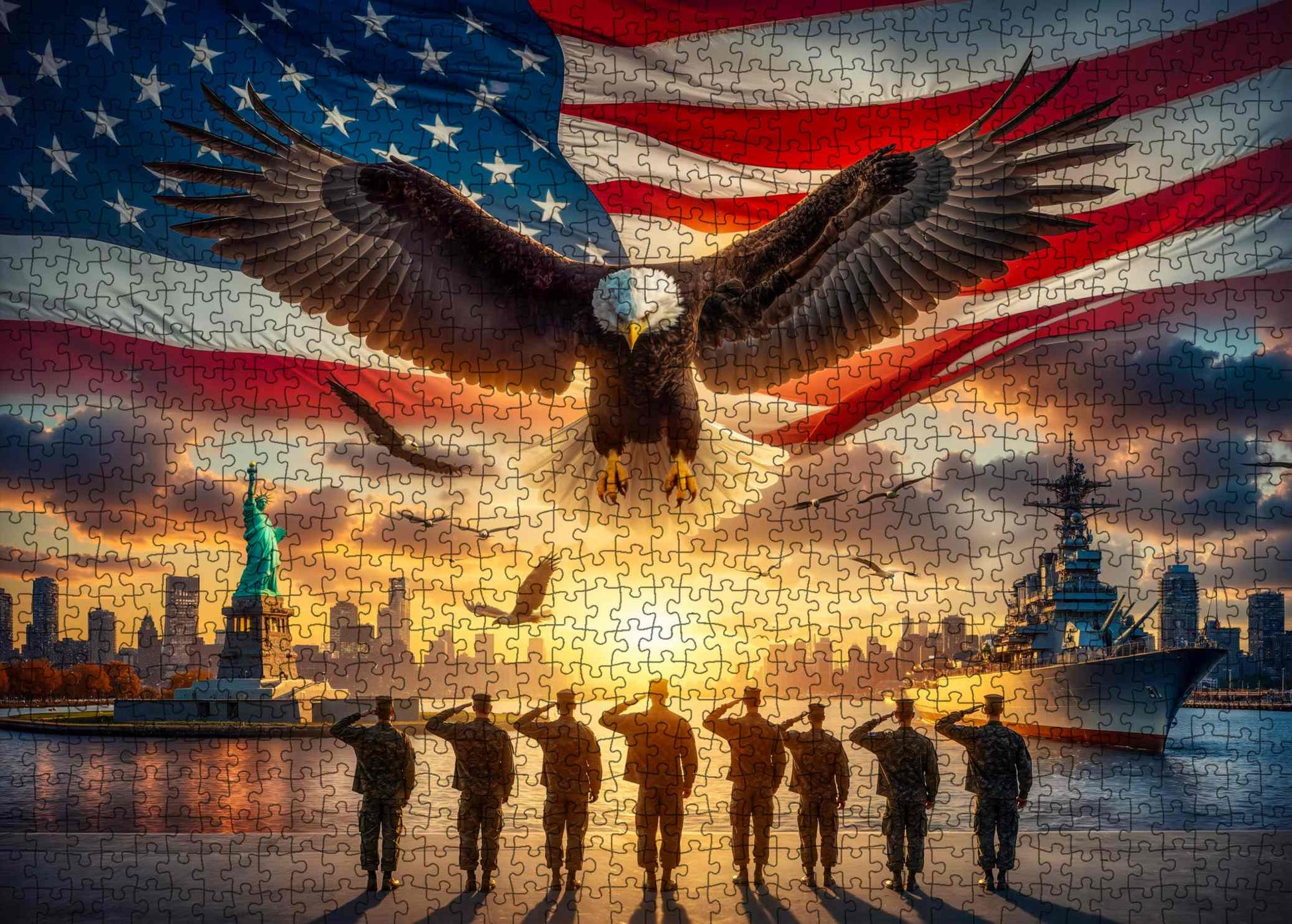 Patriotic Eagle Soldiers Statue Skyline Navy Ship Jigsaw Puzzle