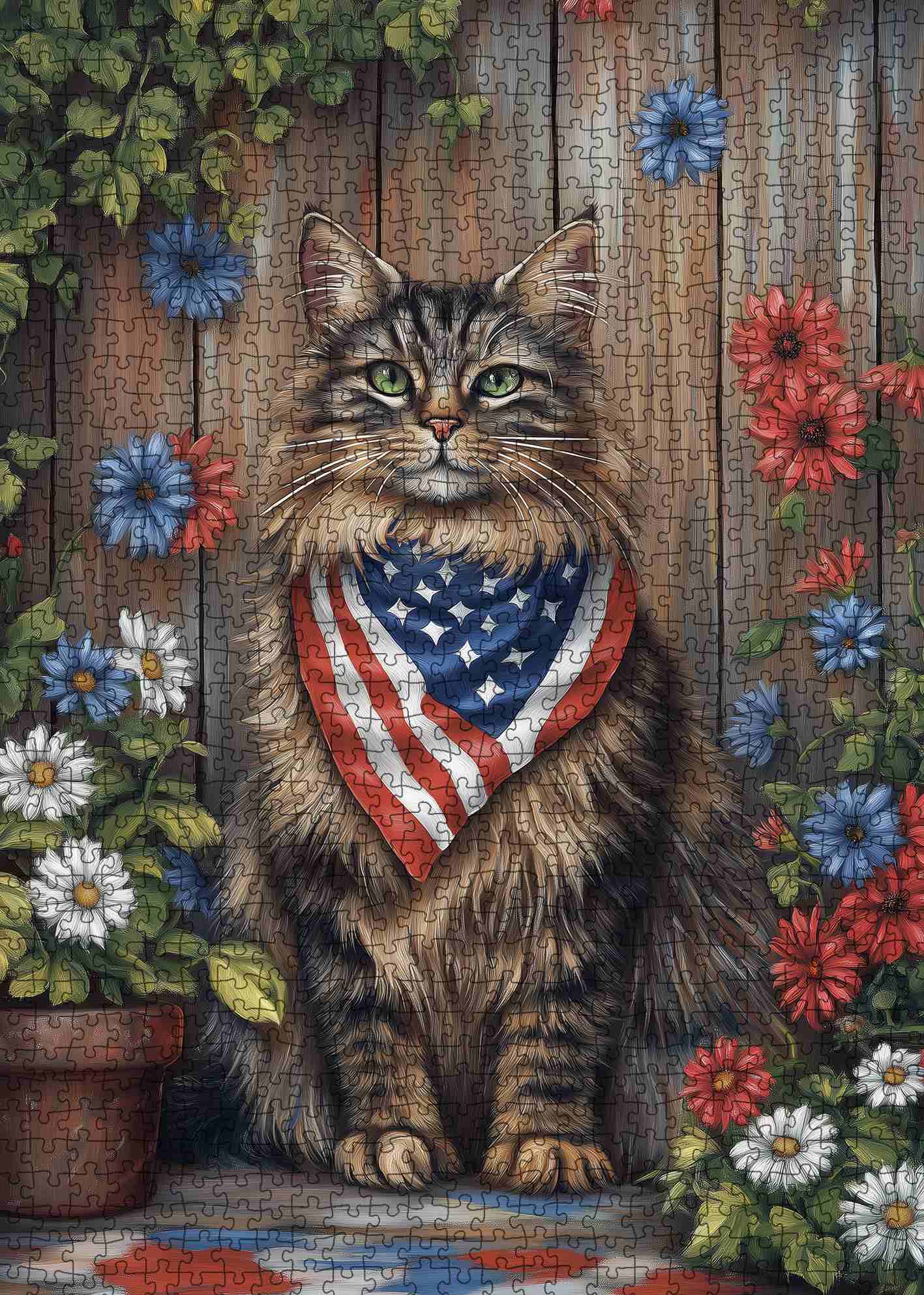 Patriotic Garden Cat Portrait Jigsaw Puzzle