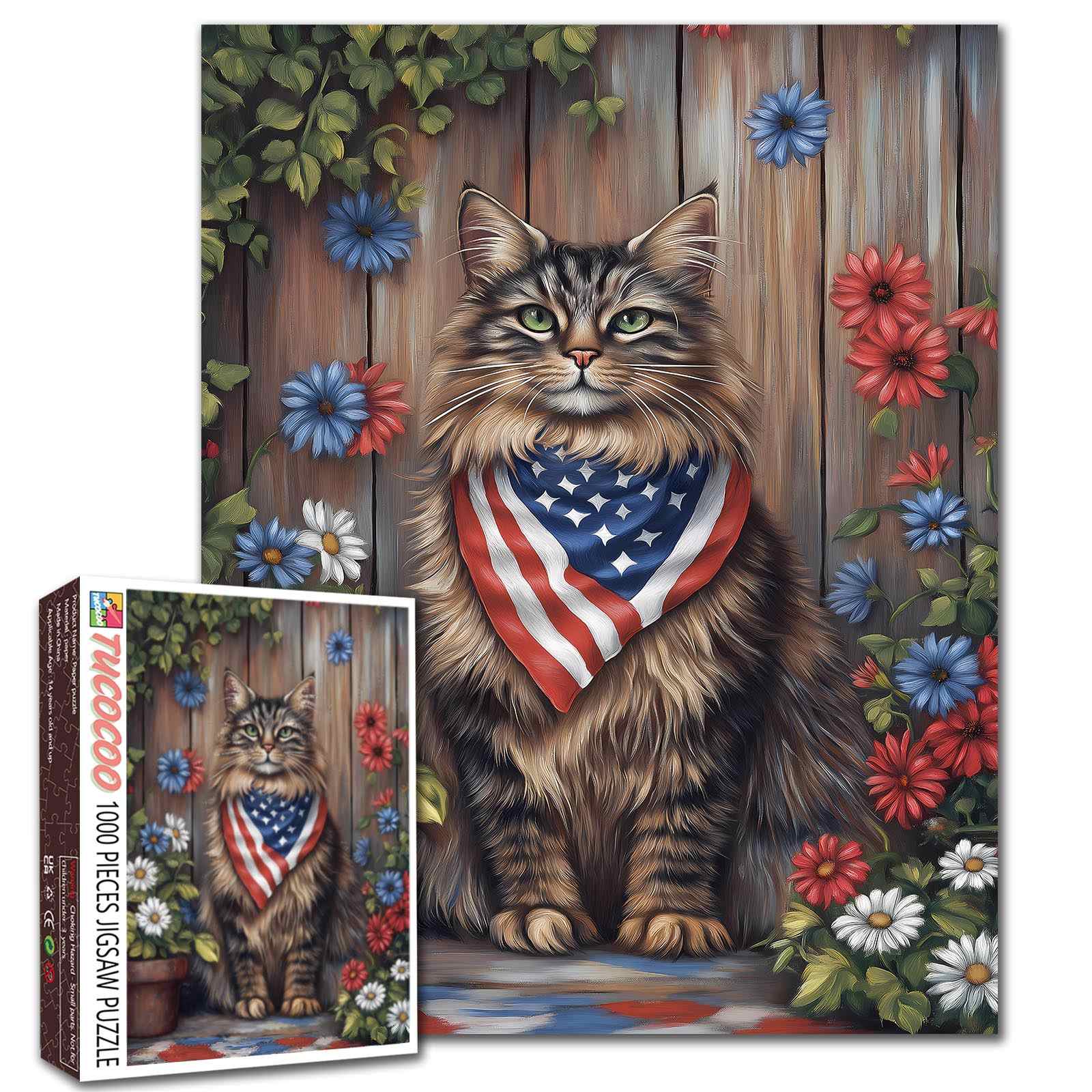 Patriotic Garden Cat Portrait Jigsaw Puzzle