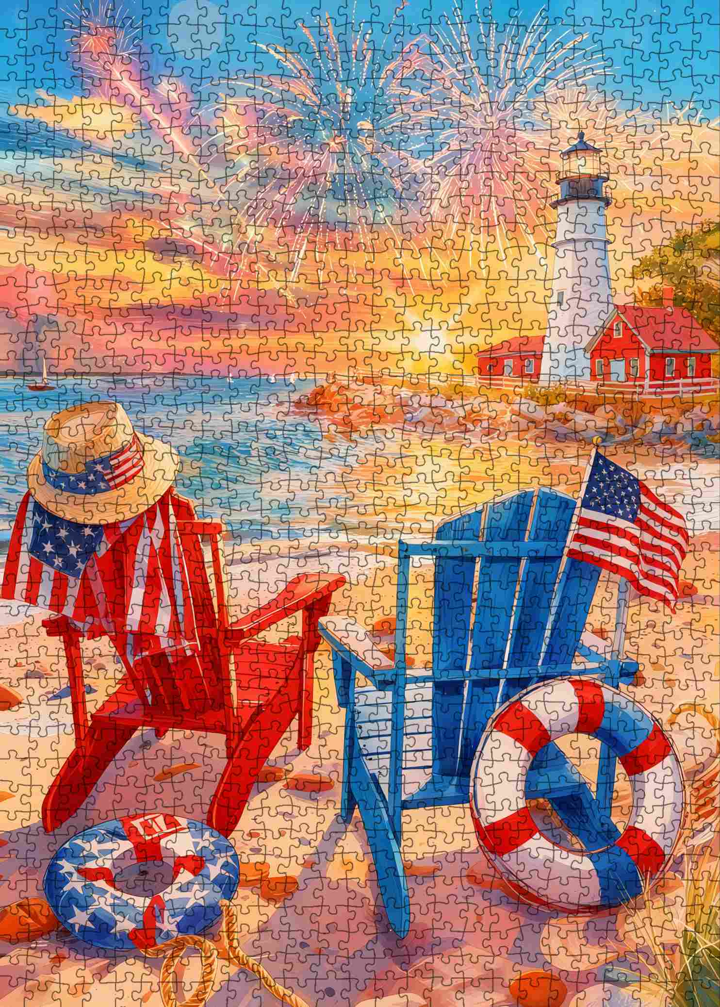 Patriotic Lighthouse Beach Jigsaw Puzzle